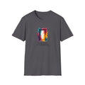 Charcoal crew-neck T-shirt with colorful watercolor door graphic at center chest