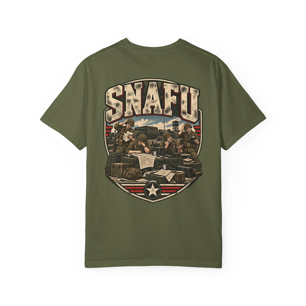Olive green crewneck T-shirt with large vintage-style SNAFU graphic print on chest