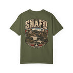 Olive green crewneck T-shirt with large vintage-style SNAFU graphic print on chest