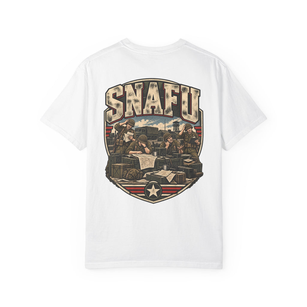 White crew-neck T-shirt with large front SNAFU graphic and star shield print