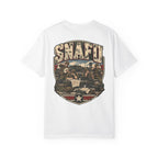 White crew-neck T-shirt with large front SNAFU graphic and star shield print