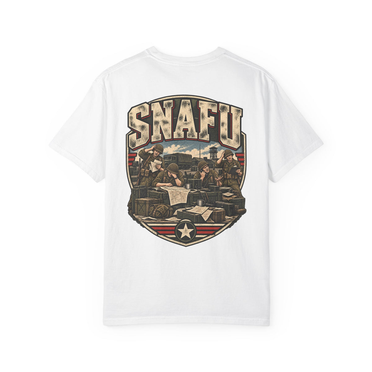 White crew-neck T-shirt with large front SNAFU graphic and star shield print