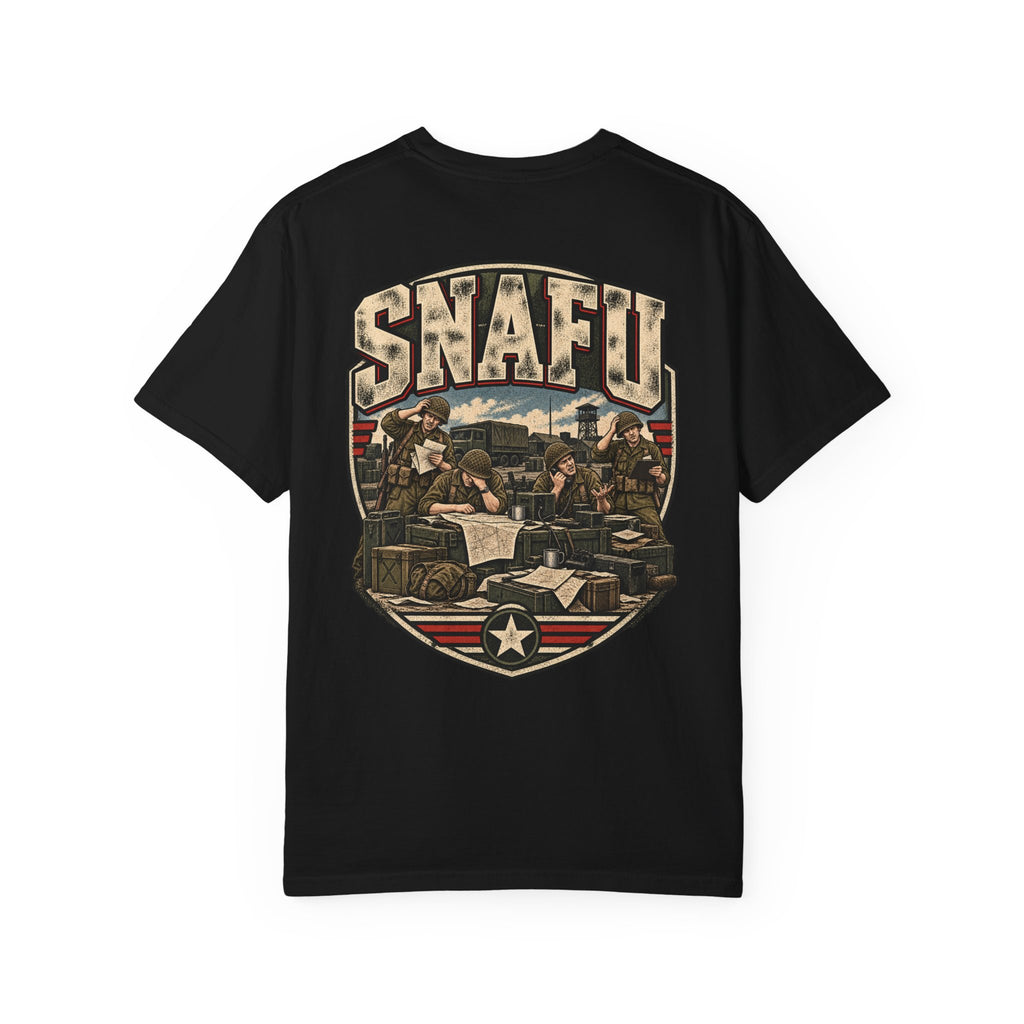 Black crew-neck T-shirt with large front SNAFU graphic and star shield print