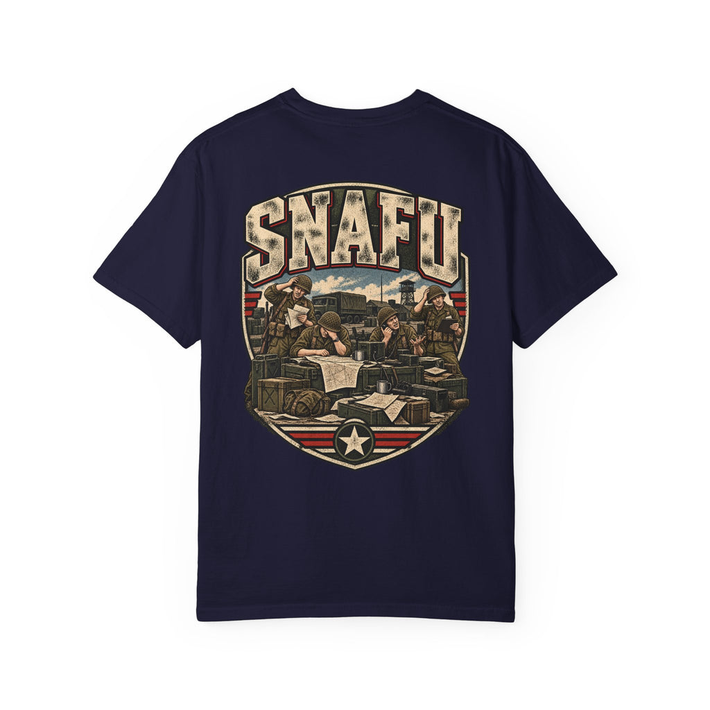 Navy crewneck T-shirt with large vintage-style SNAFU graphic print on chest