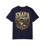 Navy crewneck T-shirt with large vintage-style SNAFU graphic print on chest