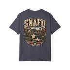Dark gray crewneck T-shirt with large vintage-style SNAFU graphic print on chest