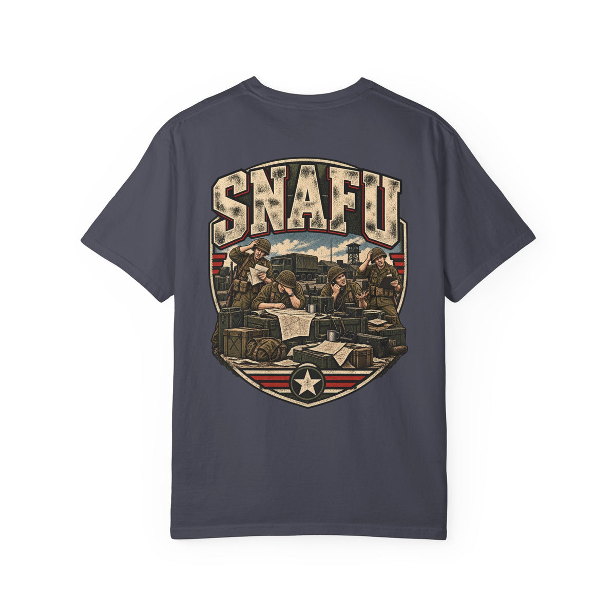 Dark gray crewneck T-shirt with large vintage-style SNAFU graphic print on chest