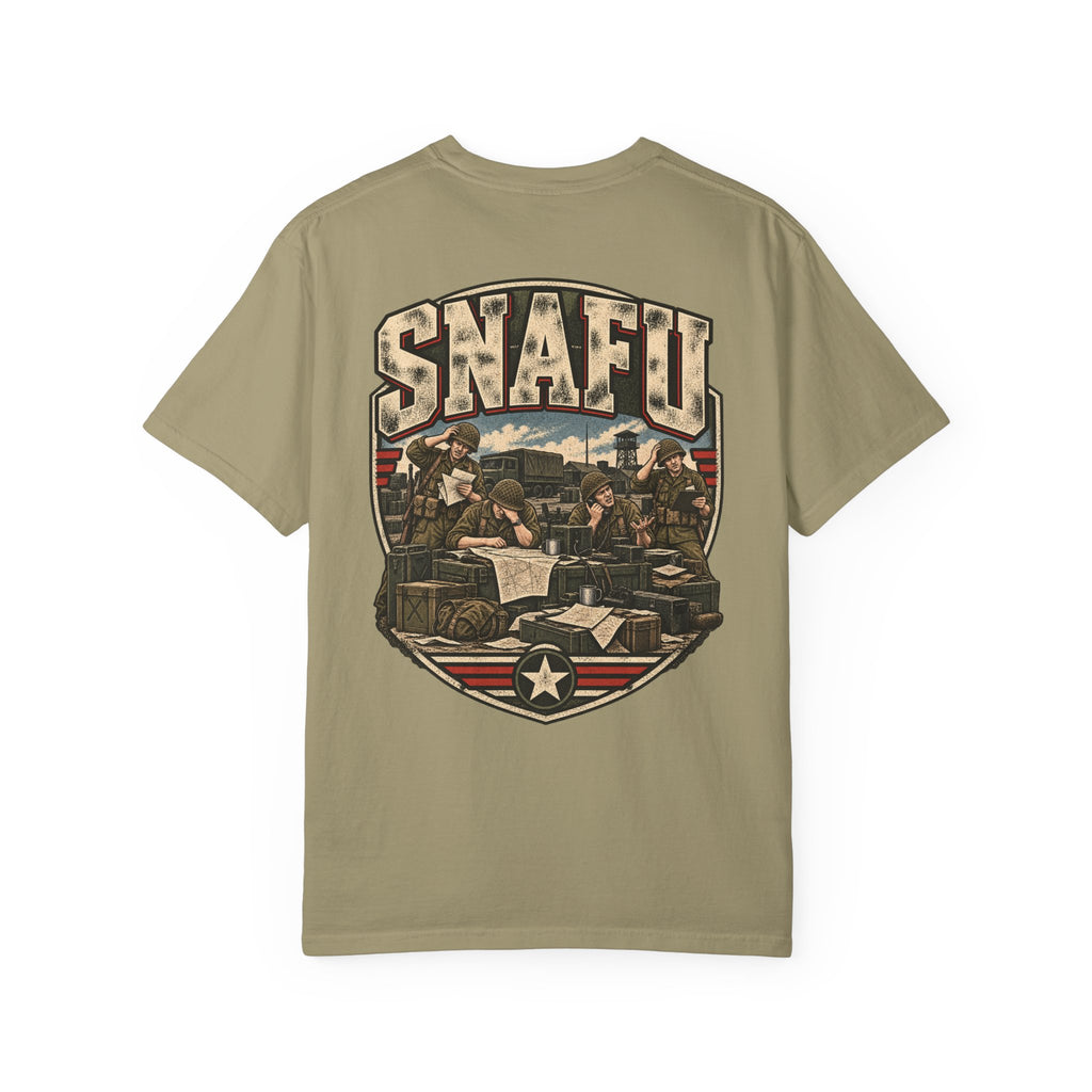 Khaki crew-neck T-shirt with large front SNAFU graphic and star shield print