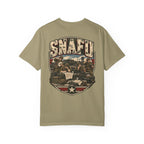 Khaki crew-neck T-shirt with large front SNAFU graphic and star shield print