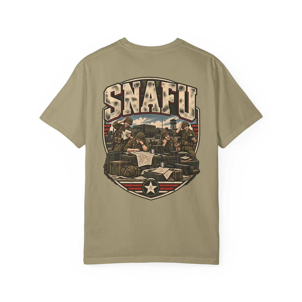 Khaki crew-neck T-shirt with large front SNAFU graphic and star shield print